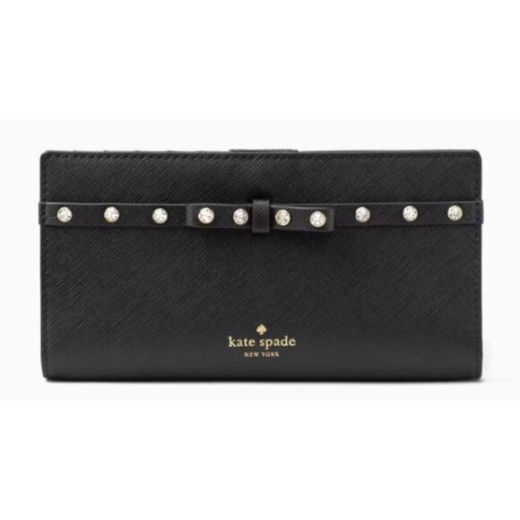 NWT Kate Spade Stacy Laurel Way Black Jeweled Wallet Bow Saffiano Leather - Picture 1 of 10